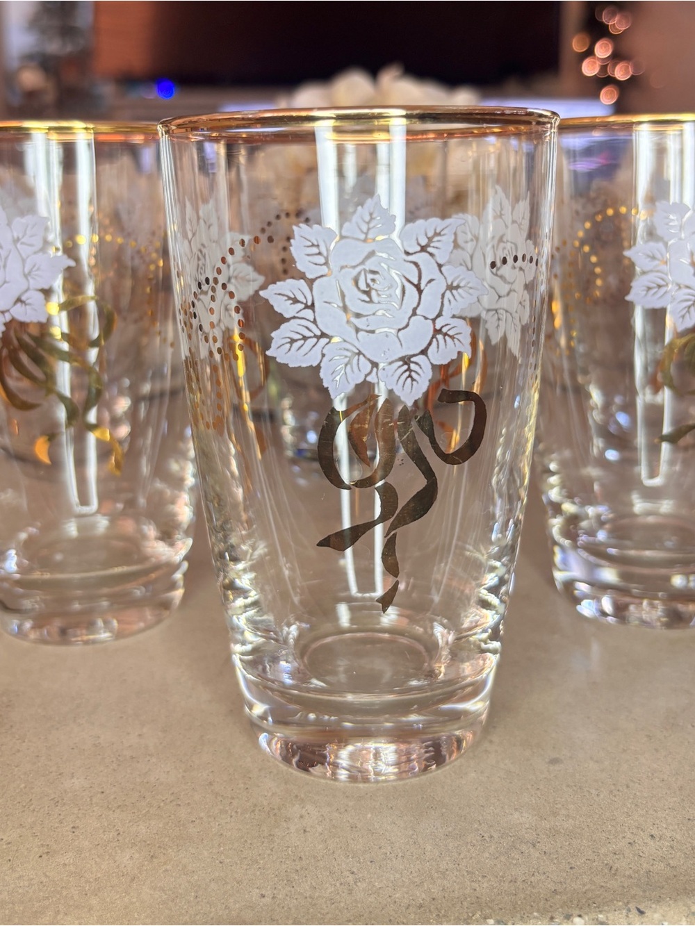 Vintage Libbey Rose Gold Ribbon Tumbler Glasses Set of 6 White Floral Gold Rim